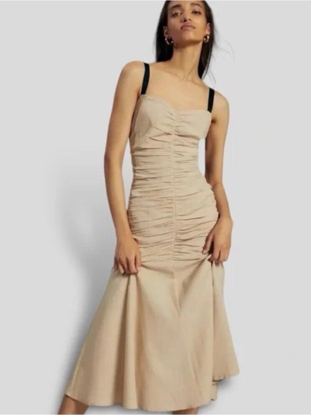 ATSU Anthropologie Ruched Midi Natural Linen Cotton Blend Dress Size 4 P